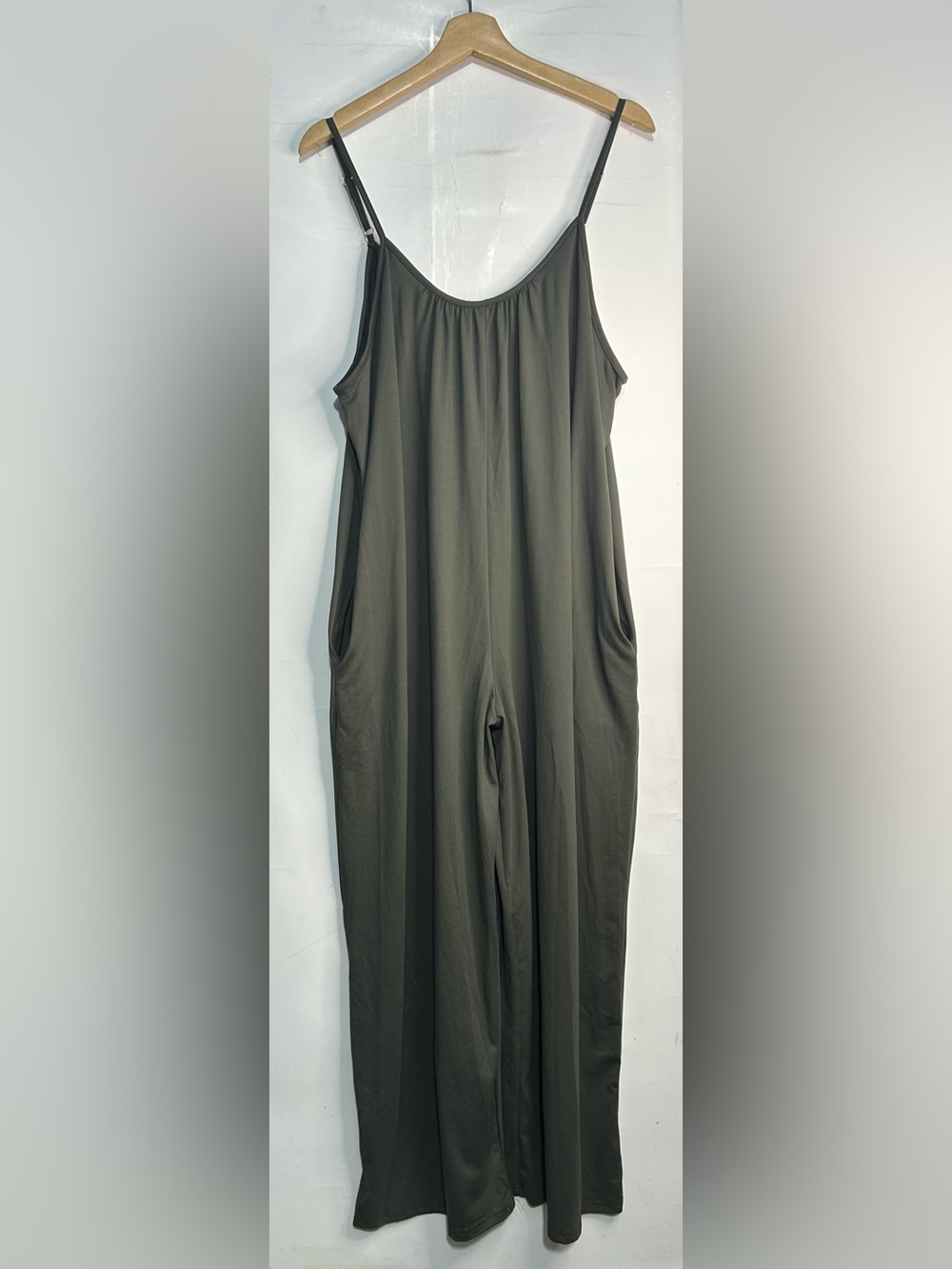 1XL Spaghetti Strap Olive Green Jumpsuit with Pockets